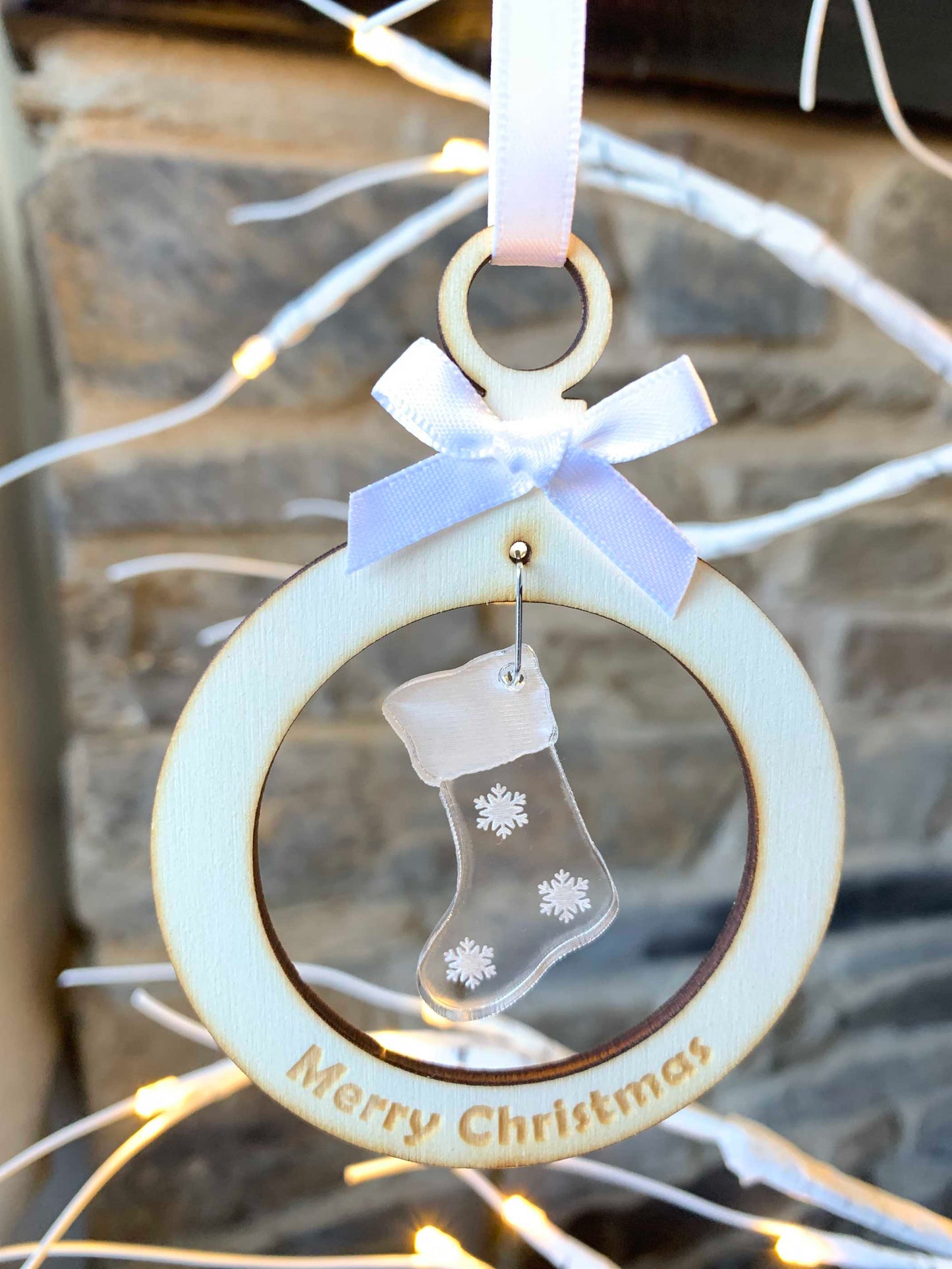 Wooden Bauble with Acrylic Christmas Stocking
