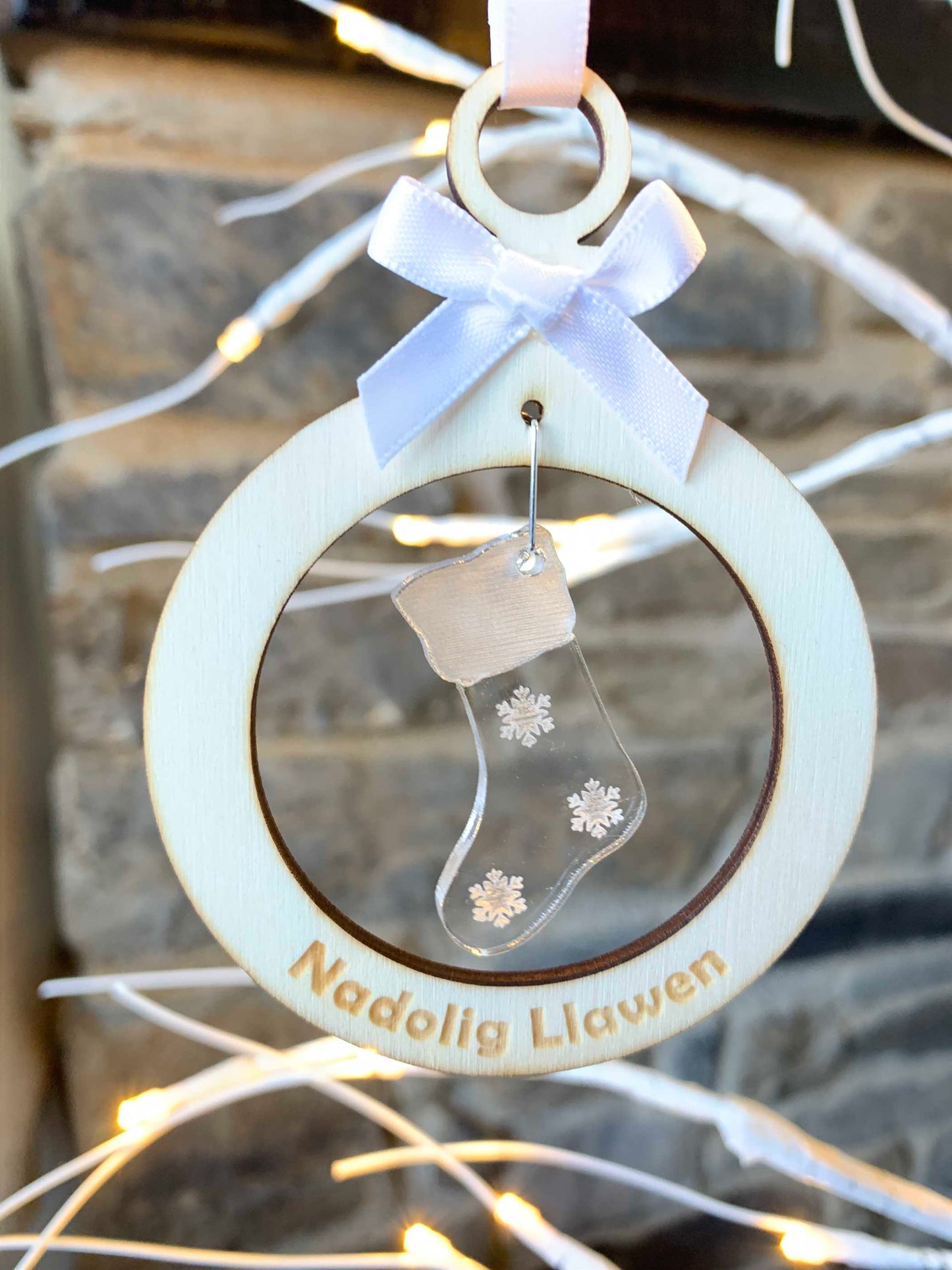 Wooden Bauble with Acrylic Christmas Stocking