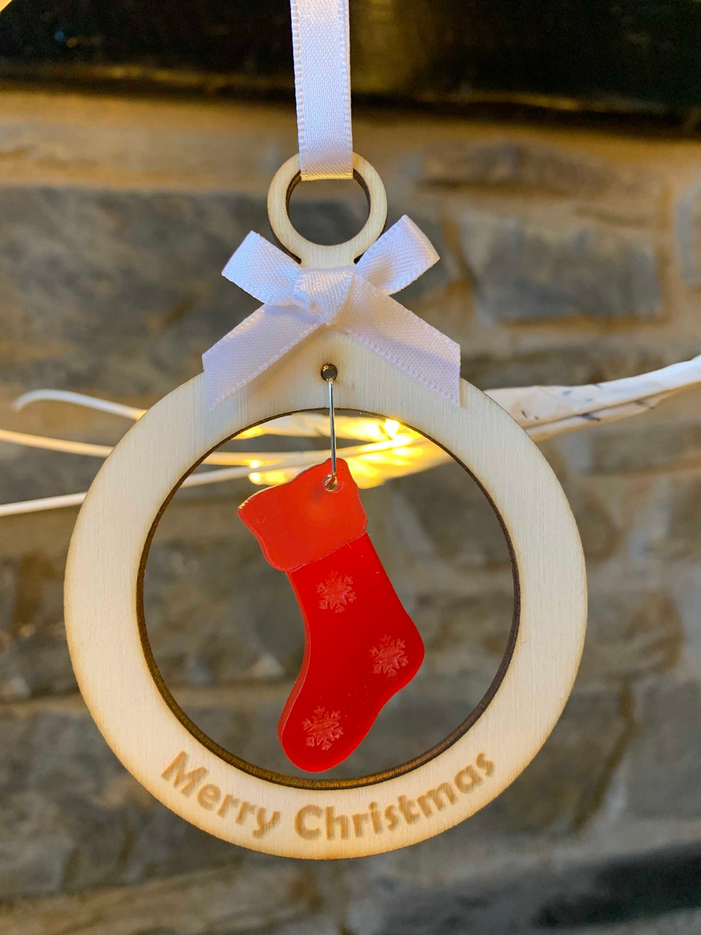Wooden Bauble with Acrylic Christmas Stocking