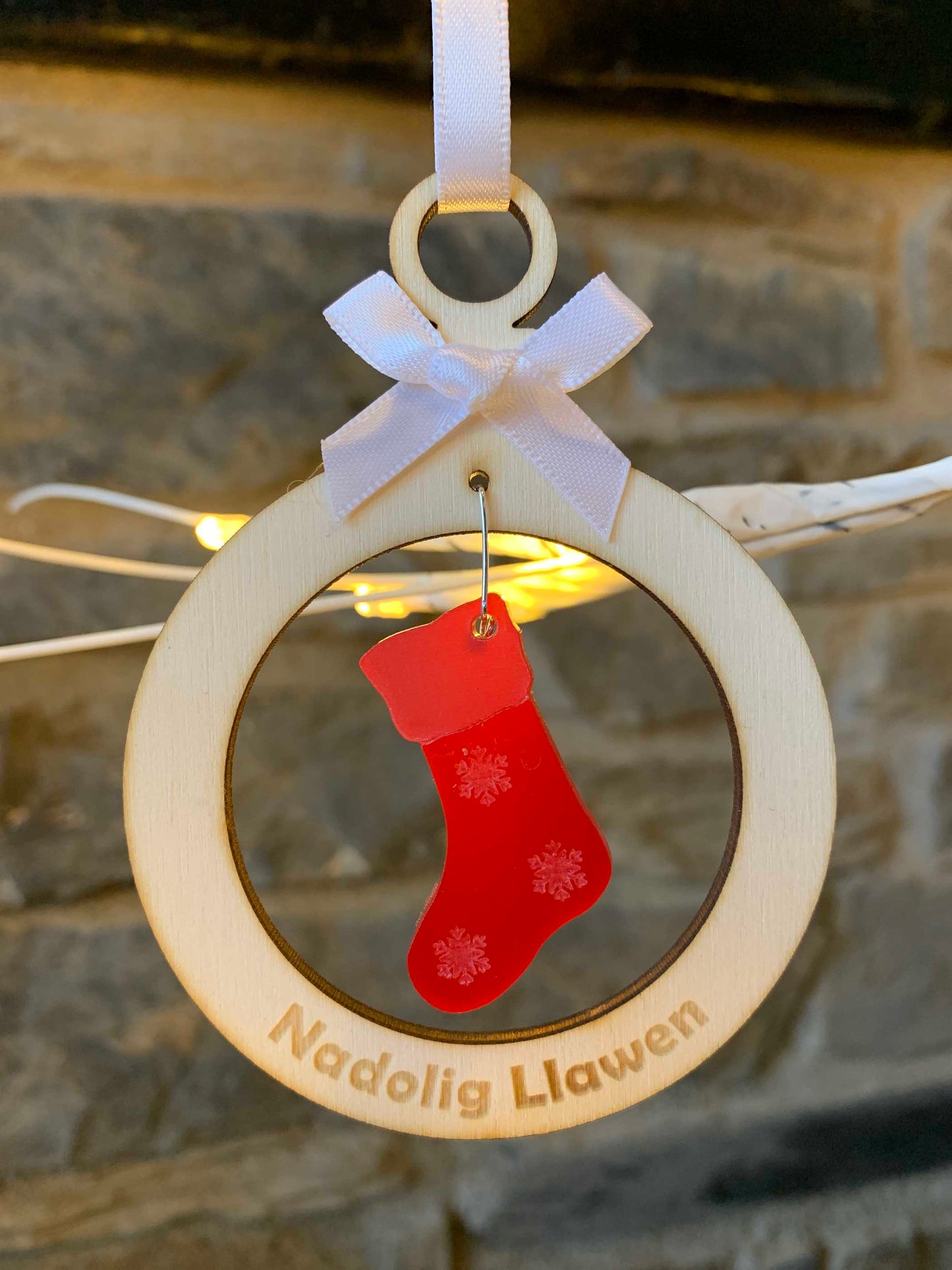 Wooden Bauble with Acrylic Christmas Stocking