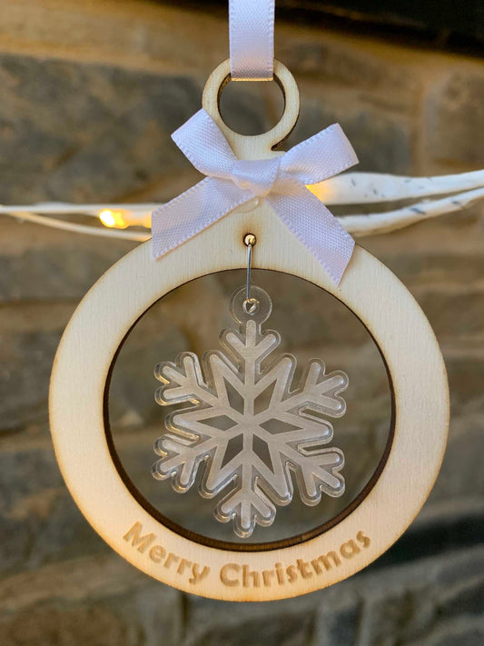 Wooden Bauble with Acrylic Snowflake